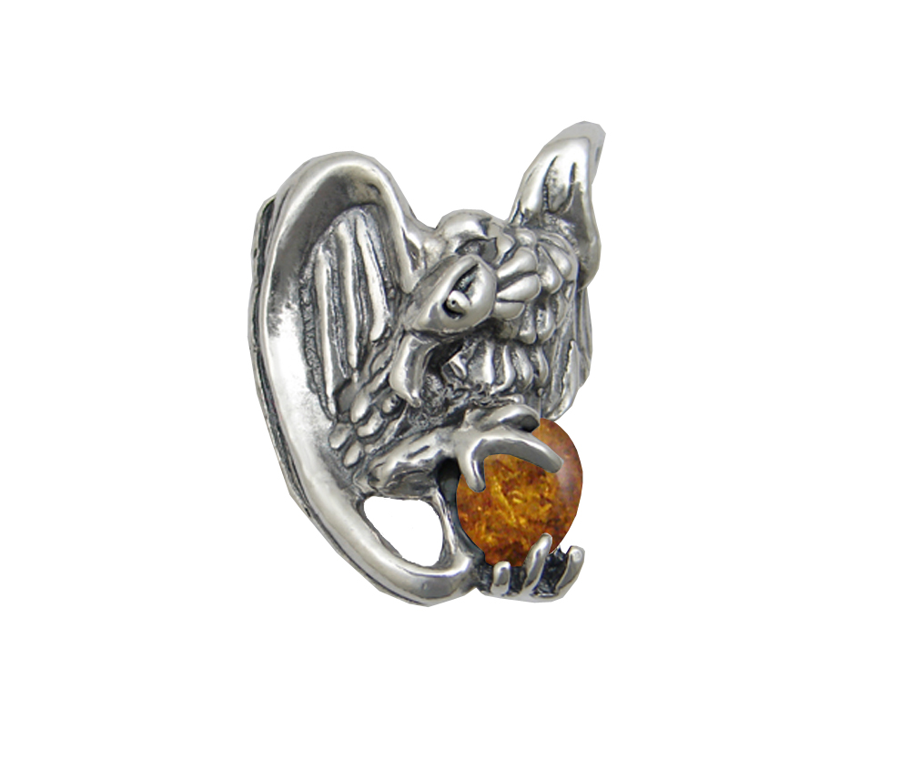 Sterling Silver Heavy Weight Vulture Ring With Amber Size 10